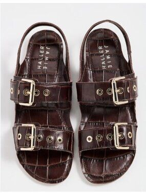 Jamie Haller Women's Croc Embossed Leather Buckle Sandals Brown EU 39 NWOB